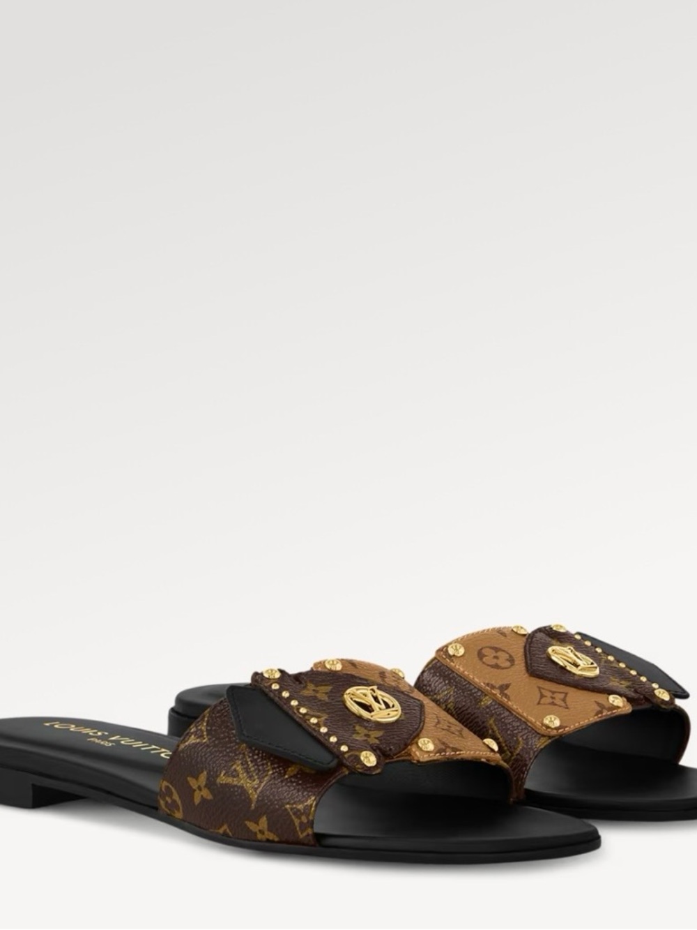 Louis Vuitton Brown Monogram & Black Leather Slide Sandals with Gold Accents
